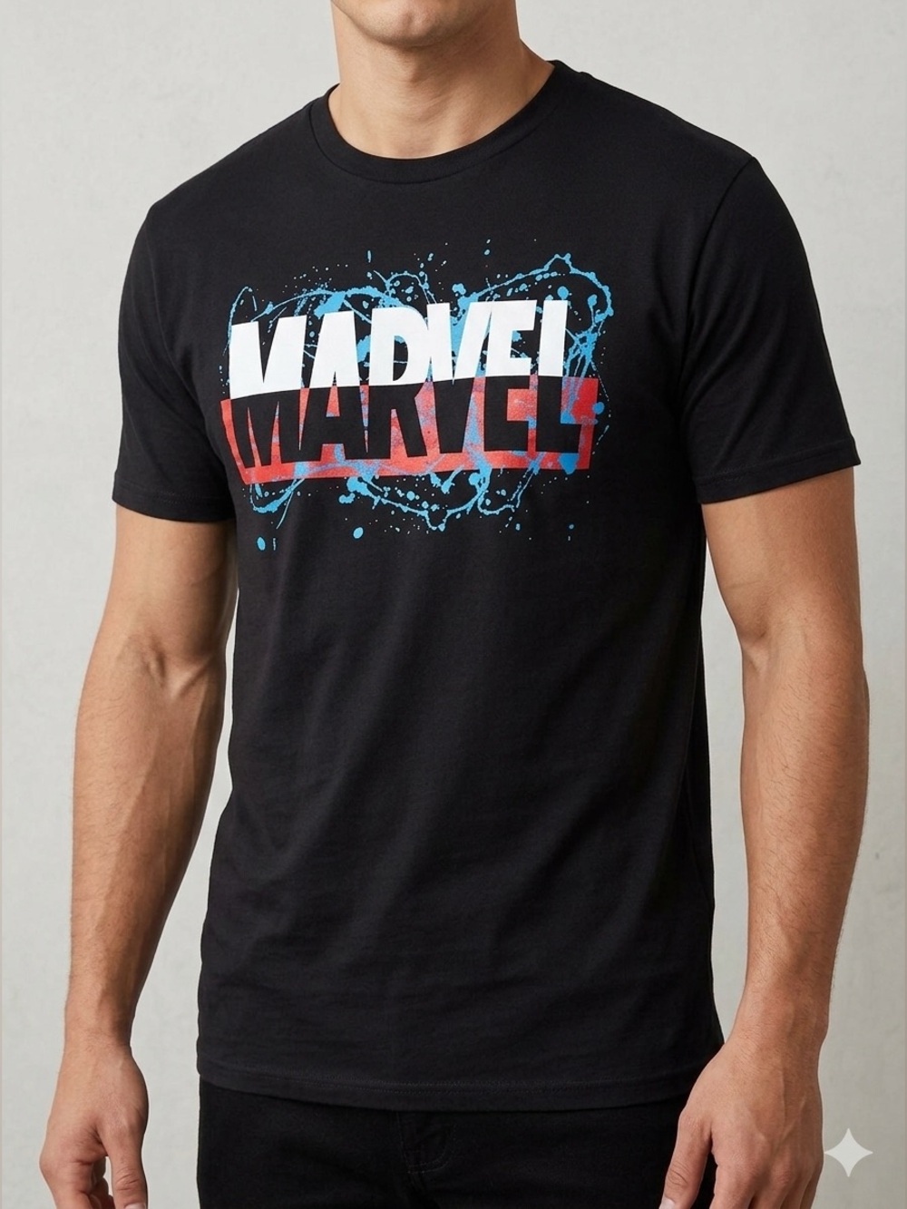 Marvel Comics‎ T-shirt Size Large ; Blue & pink Splattered Classic Logo